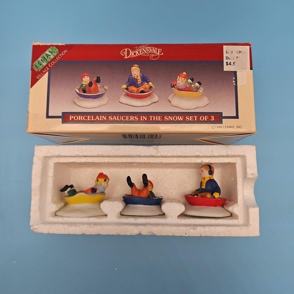 Vintage 1994 Lemax Dickensvale Porcelain Saucers Sledding In The Snow Set of 3